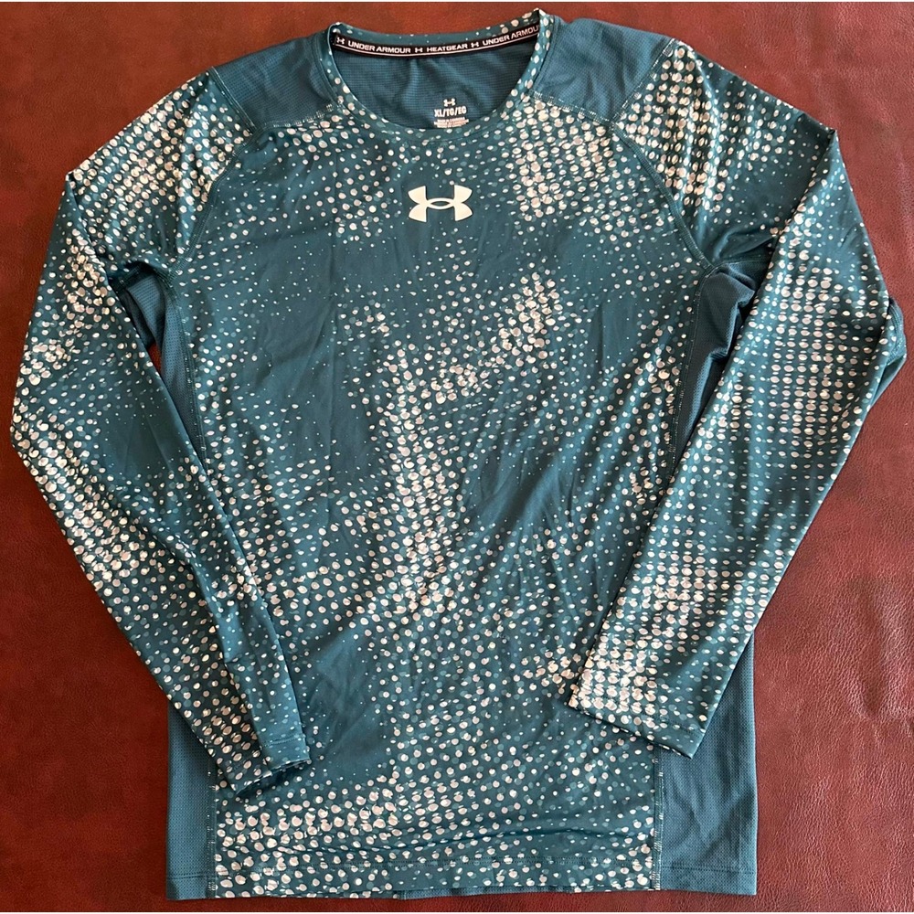 Under Armour HeatGear Long Sleeve Athletic Top Teal Dot Pattern Mens XL